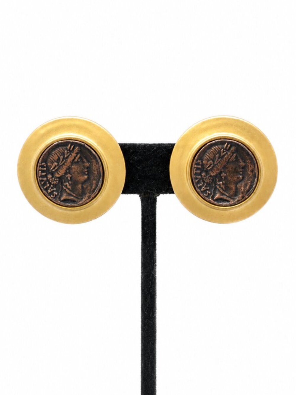 VINTAGE COIN EARRINGS Roman Greek Profile Clip On Matte Gold Tone 1.25"